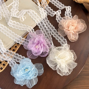 Lace flower choker and hairband set in blue, purple, beige, and pink organza