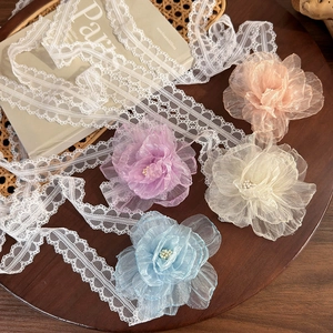 Detail of lace floral choker showing organza flowers in pink, purple and blue