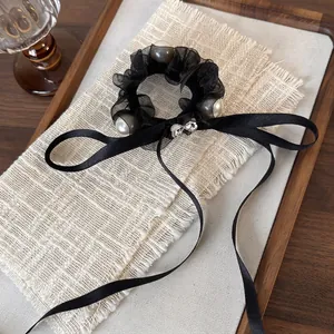 French Retro Black Mesh Scrunchie With Long Satin Ribbon Bow White Faux Artificial Pearls And Rhinestone Heart Decor For Women