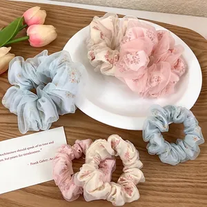 Élastiques à Cheveux Doux en Maille Organza Imprimé Floral Marguerite Support Queue de Cheval Accessoires Cheveux Élégants pour Femmes