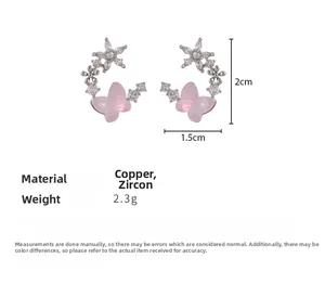 Detailed view of butterfly petal earrings with copper base, zircon stones and pink accents