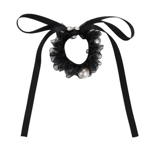 Elegant black mesh scrunchie with pearls and silk ribbon bow for women hair styling