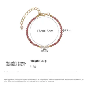 Pink stone and imitation pearl beaded bracelet with gold lobster clasp and size details