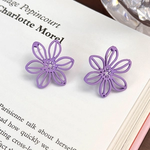 Vista dettagliata di orecchini a fiore viola opaco con petali forati su rivista