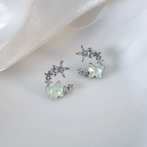 Detail of silver butterfly earrings featuring pearlescent wings and clear zircon stars