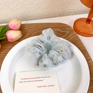 Gros plan d'un chouchou en organza à fleurs bleu clair sur une assiette décorative en porcelaine