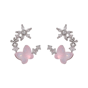 Elegant silver butterfly flower stud earrings with pink opal and sparkling zircon stones
