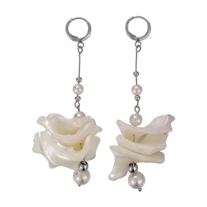 Elegant long drop earrings with white pearls and large seashell pendants in silver