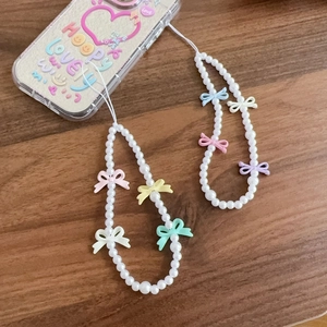 Macaron colorful bows and white pearl bead phone strap for summer fashion accessory