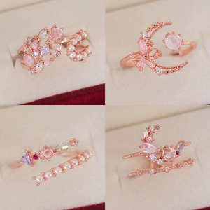 Fashion Adjustable Open Ring Copper Zircon Imitation Artificial Pearl Moon Star Flower Butterfly For Women Wedding Party Jewelry