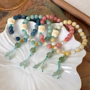 New Chinese Style Wake Lion Beaded Bracelet For Women Vintage Lacquered Glass Bead Tassel Charm Bracelet Elegant Jewelry