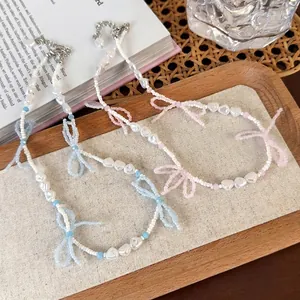 Sweet Handmade Beaded Choker Necklace With Bow Heart Charm Korean Style Resin Artificial Pearl Bead Necklace For Women Girls Daily