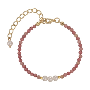 Pink faceted crystal and white pearl beaded bracelet with gold lobster clasp