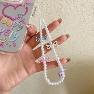 Colorful metal bow and pearl bead phone strap lanyard for sweet summer aesthetic