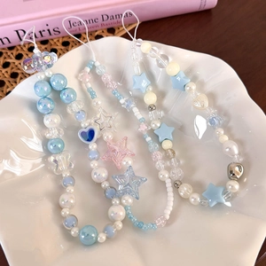 Fresh Sea Salt Blue Star Beaded Phone Chain Lanyard Sweet Y2K Heart Flower Acrylic Beads Anti-Lost Phone Strap For Women