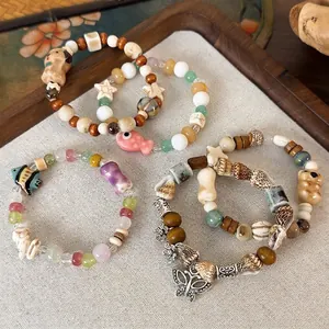 Carino Bracciale con Perline in Ceramica Animale Fatto a Mano Bohémien Legno Conchiglia Farfalla Ciondolo Bracciale Donna Gioielli