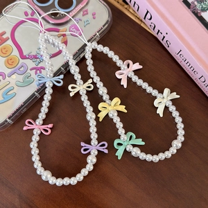 Sweet Colorful Alloy Bow Knot Imitation Artificial Pearl Phone Charm Cute Macaron Beaded Mobile Phone Strap Hanging Ornament For Women
