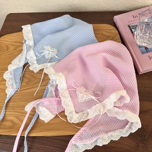 French Vintage Gingham Cotton Bandana With Lace Trim Heart Bow Triangle Headscarf For Women Girls Sweet Hair Accessories
