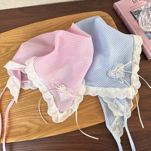 French baby blue and pink gingham triangle headscarf with lace trim and heart details