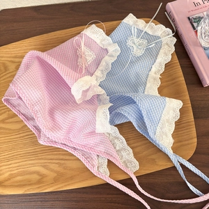 Pastel pink and blue heart gingham head scarves with lace trim and ribbon details