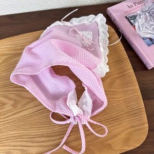 Pink plaid cotton headscarf with white lace trim and bow in French vintage style