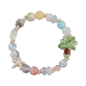 Colorful summer ocean beaded bracelet with ceramic palm tree and silver shell charms