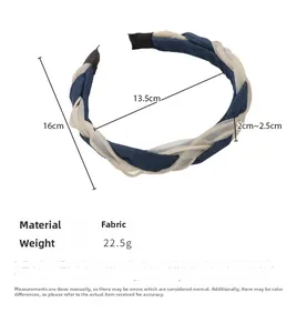 Detailed size chart for braided denim and mesh headband showing 16cm height and 13.5cm width