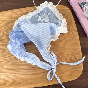 Detailed blue gingham triangle headscarf with white lace edges and heart appliqué