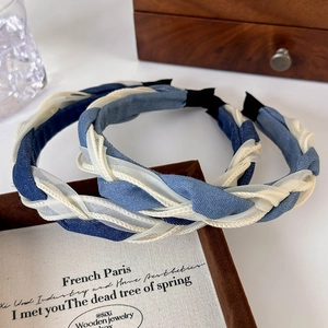 French vintage denim and white mesh braided headband with a high top non-slip design