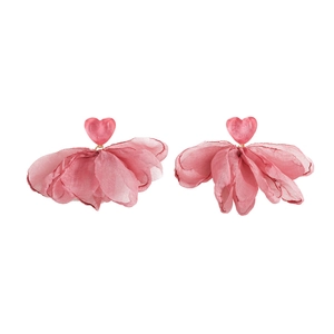 Sweet pink heart earrings with delicate multi-layer chiffon flower petals and gold hooks