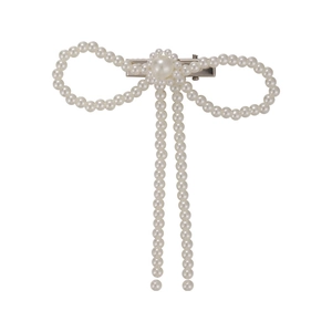 Elegant white pearl bow hair clip with silver metal spring base for women's hairstyle