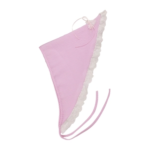 Pink and white gingham triangle bandana with elegant white lace trim and ties
