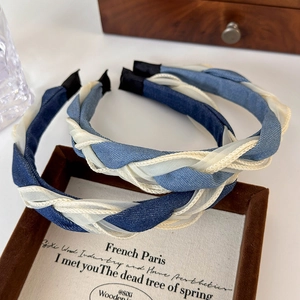 Braided denim and lace mesh headband with vintage twist design for high top hair style