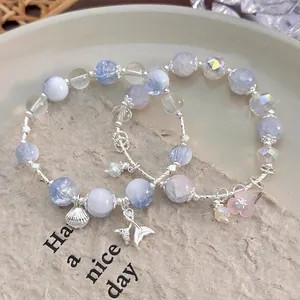 Fashion Beaded Bracelet Glass Beads Shell Fish Tail Pink Flower Charm Stretch Bracelet For Women Ocean Style Jewelry Gift