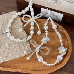 Elegant Artificial Pearl Beaded Mobile Phone Charm Bowknot Wrist Strap Hand-Woven Phone Lanyard For Women Accessories