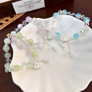 Korean Sweet Crackle Glass Beaded Bracelet With Alloy Heart Fishtail Pendant Rhinestone Charm Bracelet Jewelry For Women Gift