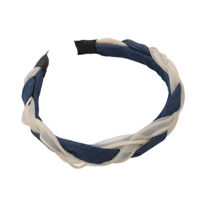 Braided headband with dark blue denim and white tulle fabric on a white background