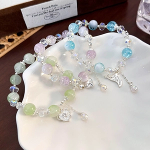 Three-piece colorful crystal beaded bracelet set with heart and fishtail pendants