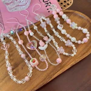 Cute Resin Beaded Phone Lanyard Sweet Pink Artificial Pearl Heart Bow Knot Tulip Pendant Anti-Drop Wrist Strap For Women