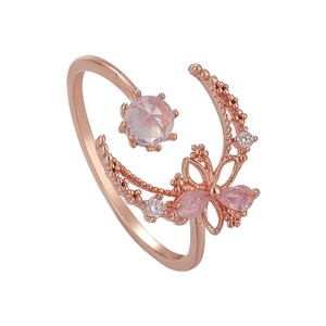 Adjustable rose gold flower and butterfly ring with pink zircon and floral design