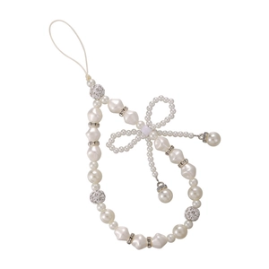 Elegant white pearl phone wrist strap with bow detail and rhinestone spacers on white background