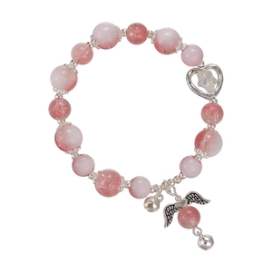 Pink and white gradient beaded bracelet with silver angel wing heart charms for women