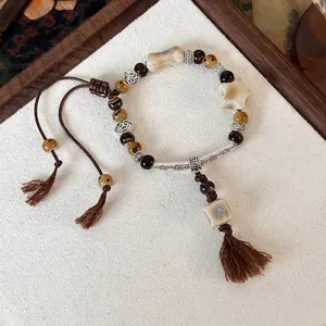 Bracciale Etnico Vintage Con Perline in Ceramica Pietra Occhio di Tigre Ciondolo a Stella in Lega Corda Intrecciata Donna