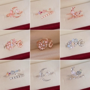 Set of adjustable open rings with pearls and zircon in flower and moon designs