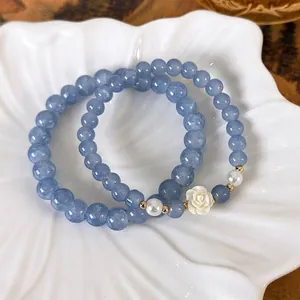 Meeresblaues Glasperlenarmband Mit Resinkamelie Blume Kunstperle Elegantes Ins Stil Handgefertigtes Armband Für Damen Studentenschmuck