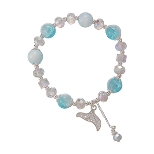 Colorful heart pendant beaded bracelet with blue crackle beads and silver fish tail charm