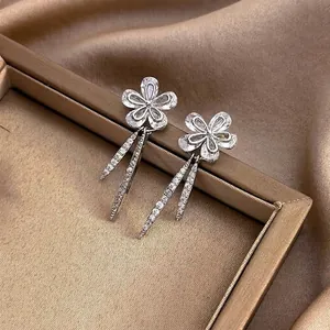 Elegant Flower Tassel Dangle Earrings For Women Copper Shiny Zirconia Earrings With 925 Sterling Silver Earring Post Jewelry Gift