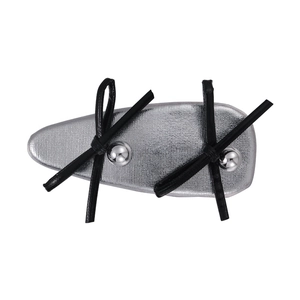 Silver ballet-style hair clip with black ribbons and metallic texture on white background