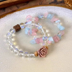 Pink rose charm beaded bracelet set with clear crystals and colorful gravel stones