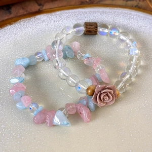Handmade Forest Style Beaded Bracelet For Women Resin Rose Flower Natural Stone Gravel Iridescent Beads Elastic Hand Jewelry
